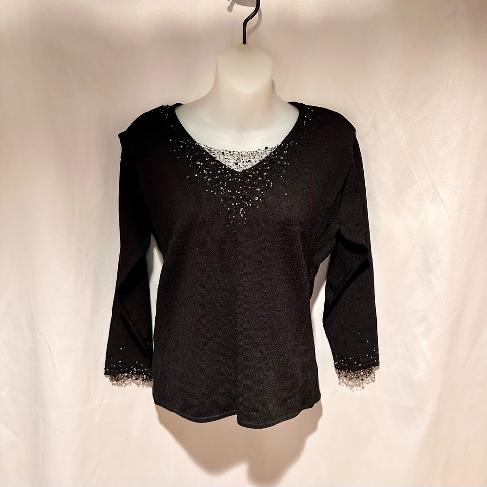 Vintage Elegant Black Beaded Dressy Women's Top Knit with Beaded Accents Small